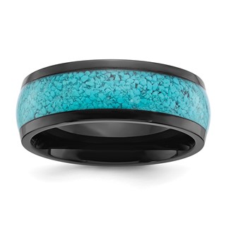 Chisel Stainless Steel Polished Black IP-plated with Imitation Turquoise Inlay 8mm Band