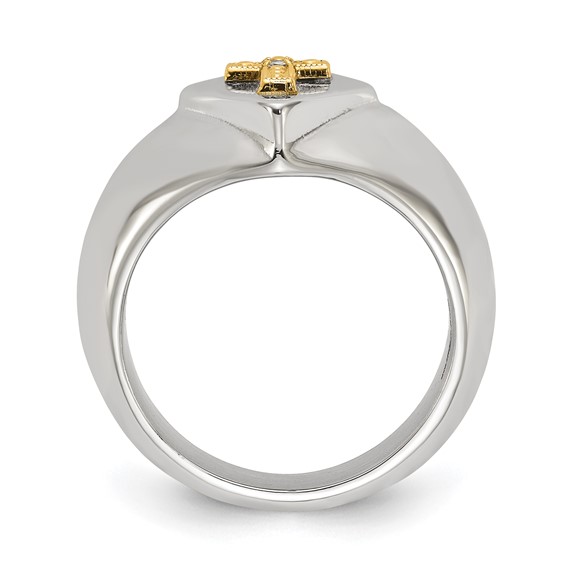Chisel Stainless Steel Polished with 14K Gold Accent and .01ct. Diamond Cross Signet Ring