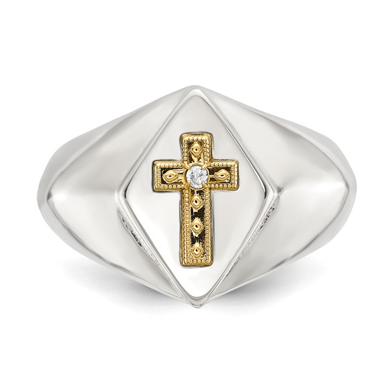 Chisel Stainless Steel Polished with 14K Gold Accent and .01ct. Diamond Cross Signet Ring