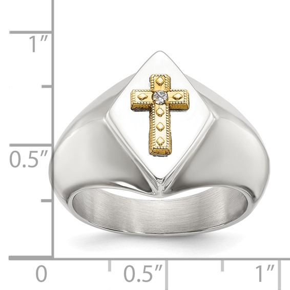 Chisel Stainless Steel Polished with 14K Gold Accent and .01ct. Diamond Cross Signet Ring