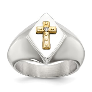 Chisel Stainless Steel Polished with 14K Gold Accent and .01ct. Diamond Cross Signet Ring