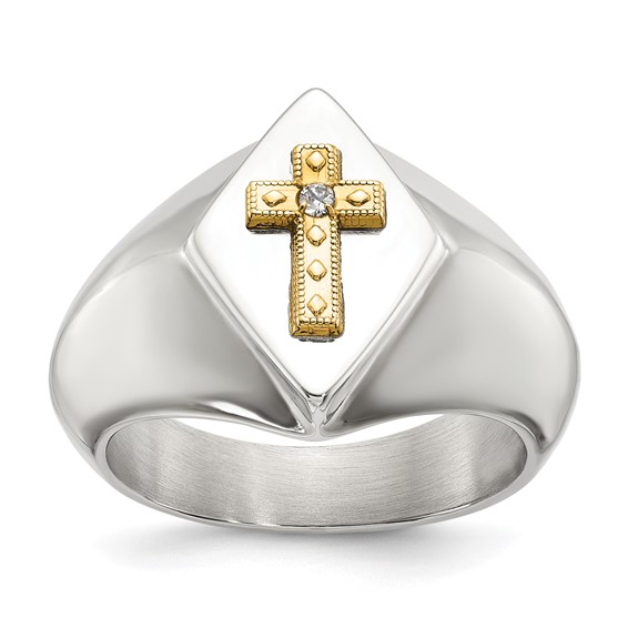 Chisel Stainless Steel Polished with 14K Gold Accent and .01ct. Diamond Cross Signet Ring