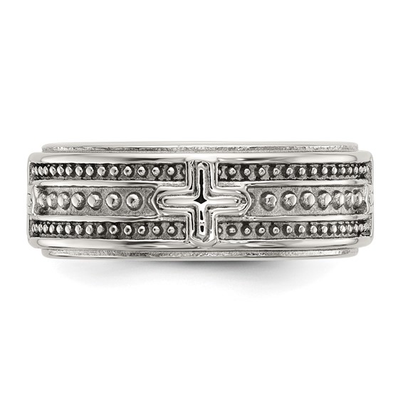Chisel Stainless Steel Polished Cross 7.7mm Grooved and Beaded Band