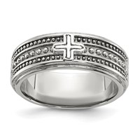 Chisel Stainless Steel Polished Cross 7.7mm Grooved and Beaded Band view 1
