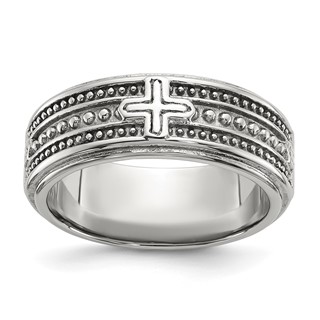 Chisel Stainless Steel Polished Cross 7.7mm Grooved and Beaded Band