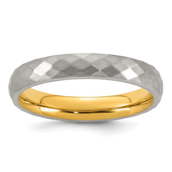 Stainless Steel Polished and Brushed Yellow IP-plated Faceted Ring