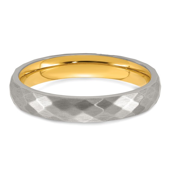 Stainless Steel Polished and Brushed Yellow IP-plated CZ Faceted Ring