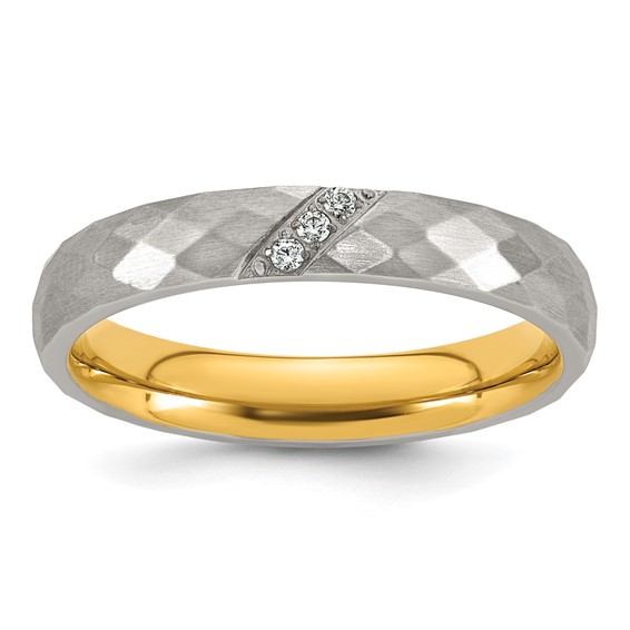 Stainless Steel Polished and Brushed Yellow IP-plated CZ Faceted Ring