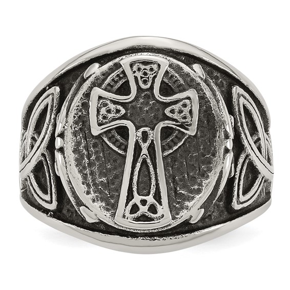 Stainless Steel Polished and Antiqued Celtic Cross Ring