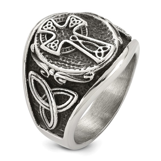 Stainless Steel Polished and Antiqued Celtic Cross Ring