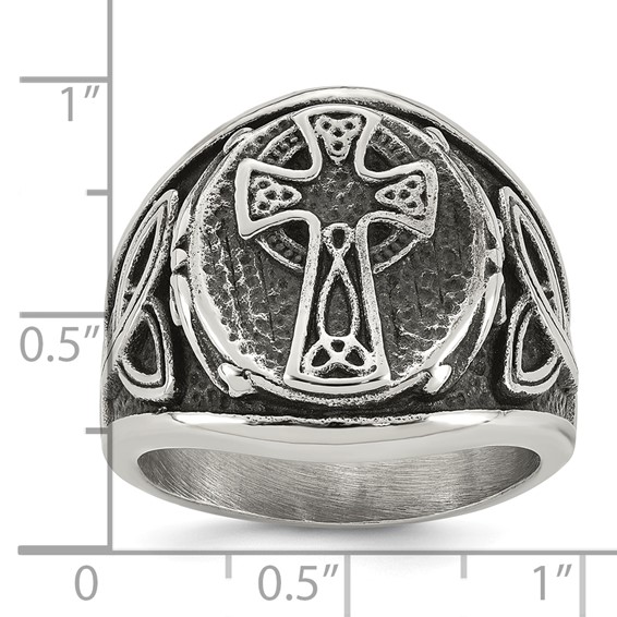 Stainless Steel Polished and Antiqued Celtic Cross Ring