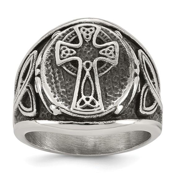 Stainless Steel Polished and Antiqued Celtic Cross Ring