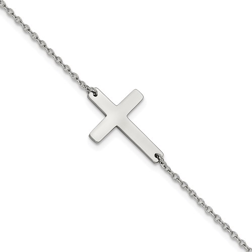 Chisel Stainless Steel Polished Sideways Cross Anklet, 10"