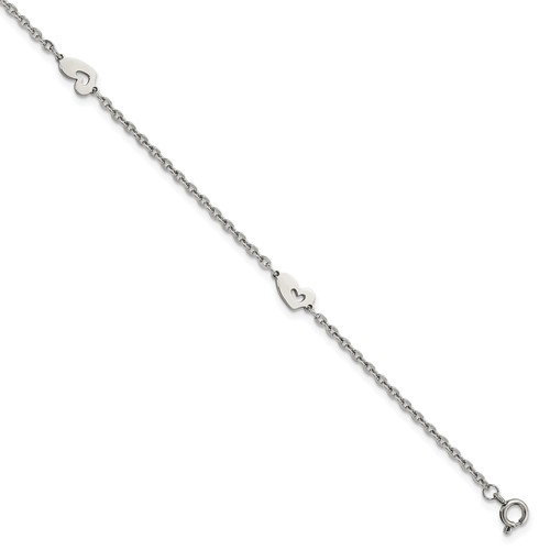 Chisel Stainless Steel Polished Hearts 9 Inch Anklet Plus 1 Inch Extension