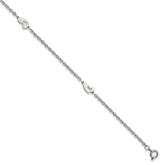 Chisel Stainless Steel Polished Hearts 9 inch Anklet Plus 1 inch Extension