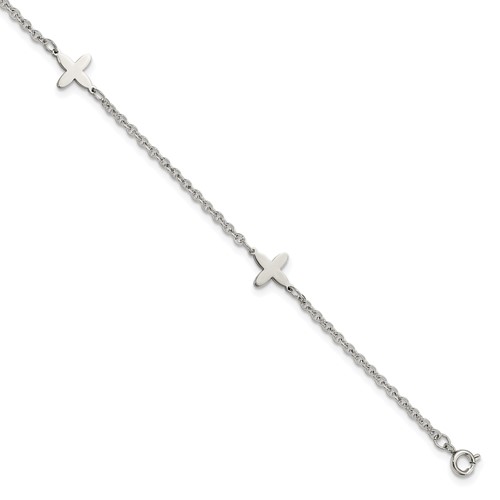 Chisel Stainless Steel Polished Cross Charms Anklet Plus 1 Inch Extension, 9"