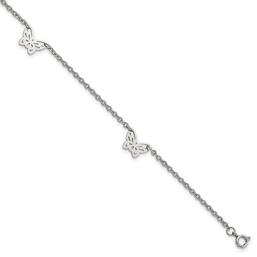 Chisel Stainless Steel Polished with Butterfly Charms Anklet Plus 1 Inch Extension, 9.5"