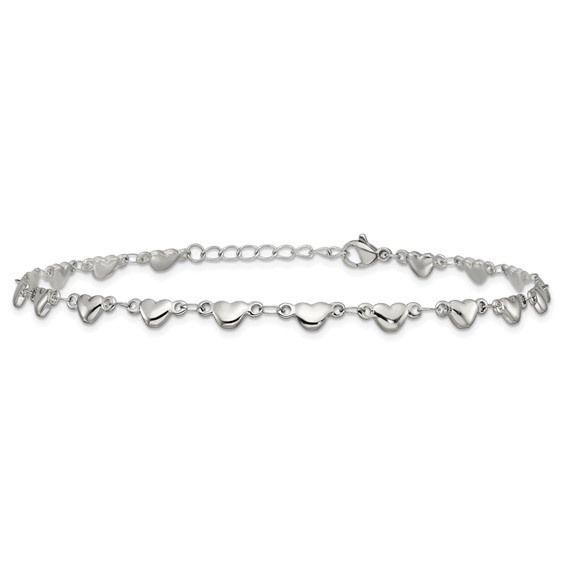 Chisel Stainless Steel Polished Hearts 9 inch Anklet Plus 1 inch Extension