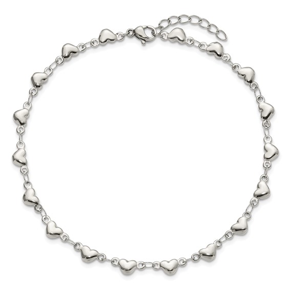 Chisel Stainless Steel Polished Hearts 9 inch Anklet Plus 1 inch Extension