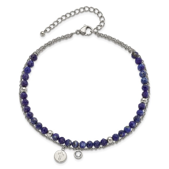 Chisel Stainless Steel Polished 2-Strand Lapis and Crystal Cross 9 inch Anklet Plus 2 inch Extension