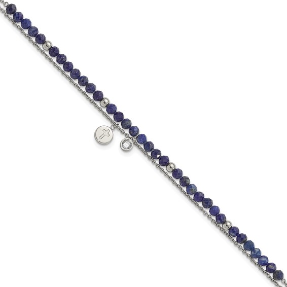 Chisel Stainless Steel Polished 2-Strand Lapis and Crystal Cross 9 inch Anklet Plus 2 inch Extension
