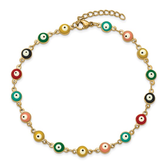 Chisel Stainless Steel Polished Yellow IP-plated with Multicolor Paint Inlay Evil Eye 9 inch Plus a 1 inch Extension Anklet