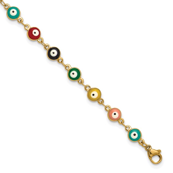 Chisel Stainless Steel Polished Yellow IP-plated with Multicolor Paint Inlay Evil Eye 9 inch Plus a 1 inch Extension Anklet