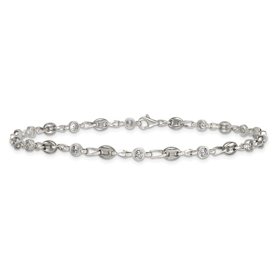 Stainless Steel with 925 Polished White CZ 10.25in Anklet