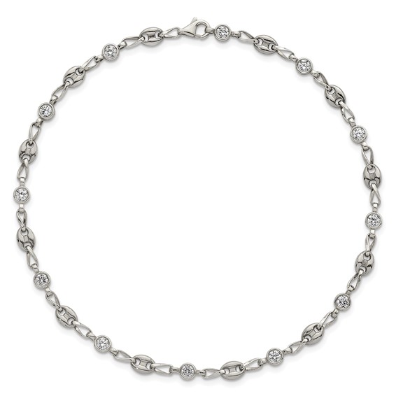 Stainless Steel with 925 Polished White CZ 10.25in Anklet