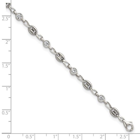 Stainless Steel with 925 Polished White CZ 10.25in Anklet