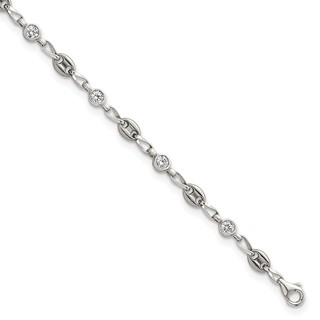 Stainless Steel with 925 Polished White CZ 10.25in Anklet