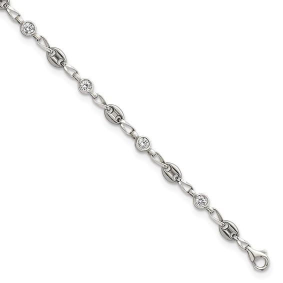 Stainless Steel with 925 Polished White CZ 10.25in Anklet
