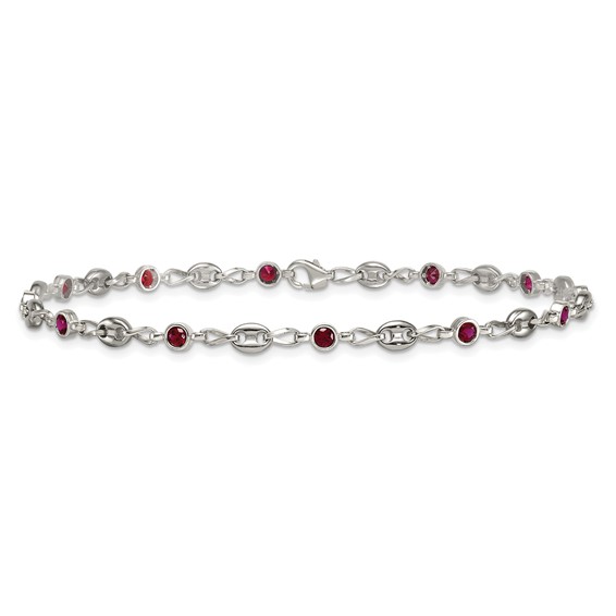 Stainless Steel with 925 Polished Red CZ 10.25in Anklet