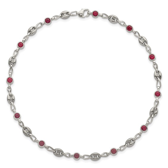 Stainless Steel with 925 Polished Red CZ 10.25in Anklet