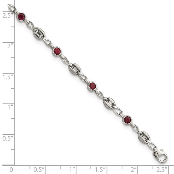 Stainless Steel with 925 Polished Red CZ 10.25in Anklet