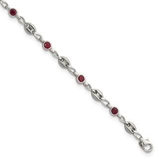 Stainless Steel with 925 Polished Red CZ 10.25in Anklet