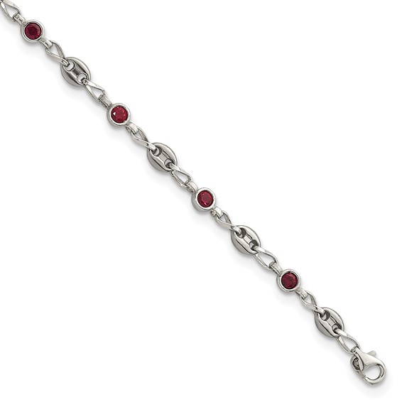 Stainless Steel with 925 Polished Red CZ 10.25in Anklet