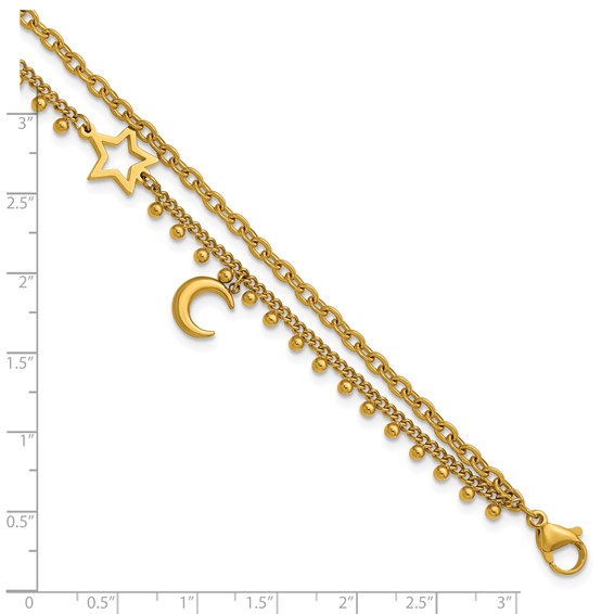 Stainless Steel Polished Yellow IP Moon and Star 9.75in w/2in ext. Anklet