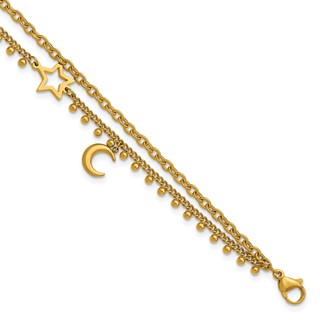 Stainless Steel Polished Yellow IP Moon and Star 9.75in w/2in ext. Anklet
