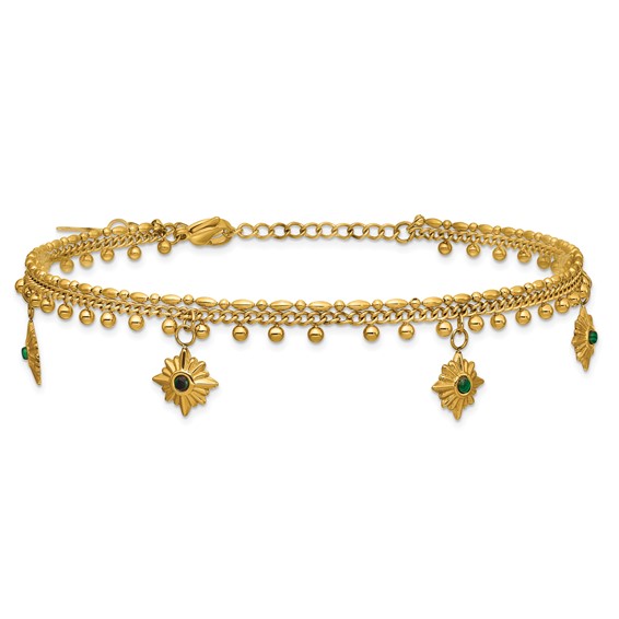 Stainless Steel Polished Yellow IP Imit.Malachite Suns w/2in ext. Anklet