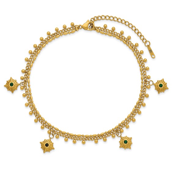 Stainless Steel Polished Yellow IP Imit.Malachite Suns w/2in ext. Anklet