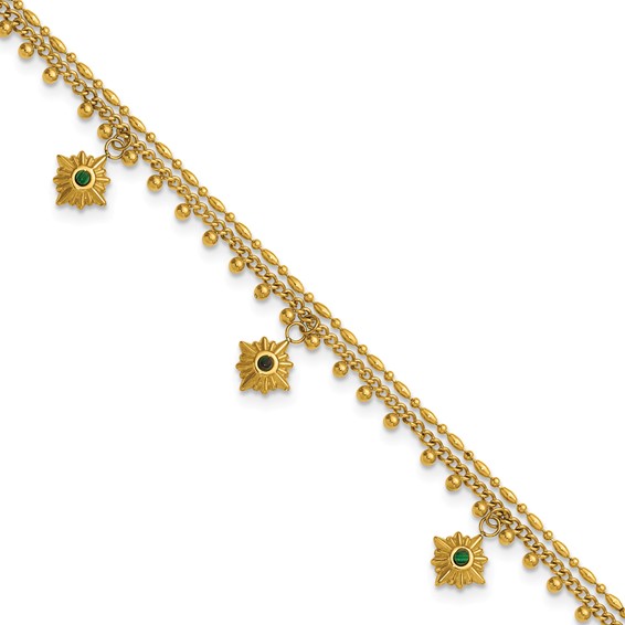 Stainless Steel Polished Yellow IP Imit.Malachite Suns w/2in ext. Anklet