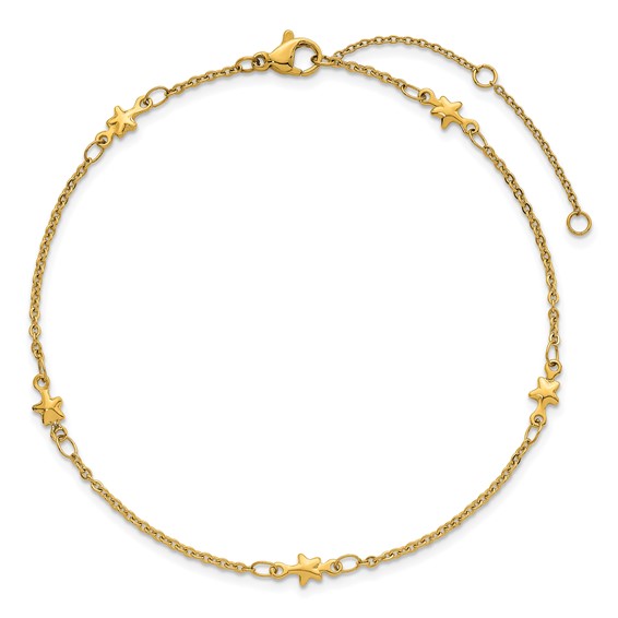 Stainless Steel Polished Yellow IP 1.6mm Star 9in with 2in ext. Anklet