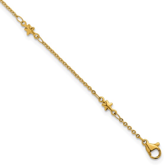 Stainless Steel Polished Yellow IP 1.6mm Star 9in with 2in ext. Anklet