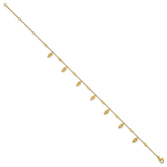 Stainless Steel Polished Yellow IP Textured Leaf 9in w/2in ext. Anklet