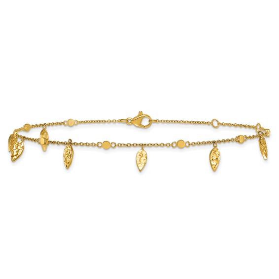 Stainless Steel Polished Yellow IP Textured Leaf 9in w/2in ext. Anklet