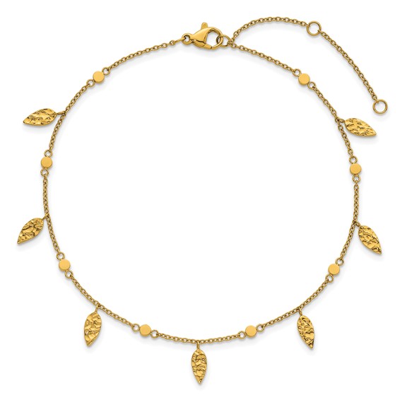 Stainless Steel Polished Yellow IP Textured Leaf 9in w/2in ext. Anklet