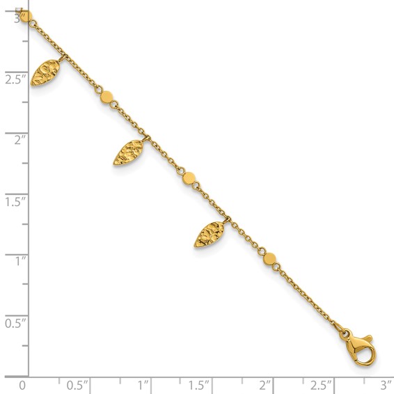 Stainless Steel Polished Yellow IP Textured Leaf 9in w/2in ext. Anklet