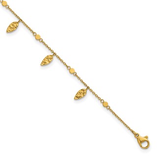 Stainless Steel Polished Yellow IP Textured Leaf 9in w/2in ext. Anklet