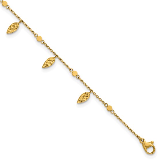 Stainless Steel Polished Yellow IP Textured Leaf 9in w/2in ext. Anklet